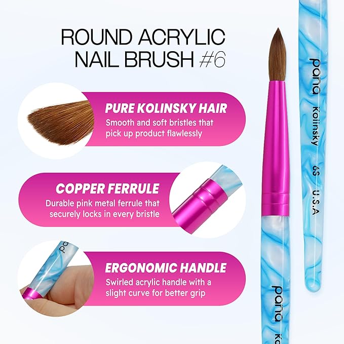 PANA Pure Kolinsky Hair Acrylic Nail Brush - Round Shape Pink Ferrule with White Swirl Blue Handle (Size 6) - Nail Brush for Acrylic Nail Application, Nail Extension, Manicure Pedicure Salon Beginner