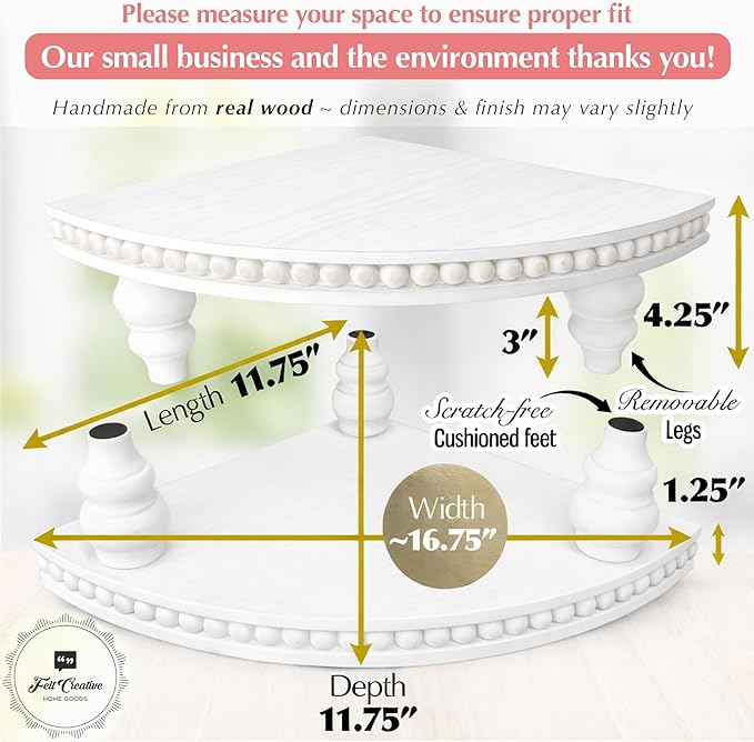 Corner Pedestal Stand Rustic Decor Riser for Display - Farmhouse Wood Rounded Beaded Tray for Kitchen and Bathroom Countertop Organizer, Coffee Bar, Plant Stand with Removable Feet (Rustic White)