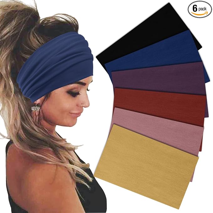 Sefiinh Wide Headbands For Women Stretch Headband Boho Head Bands Women's Hair Band Turban Workout Hairband Accessories 6 Pack