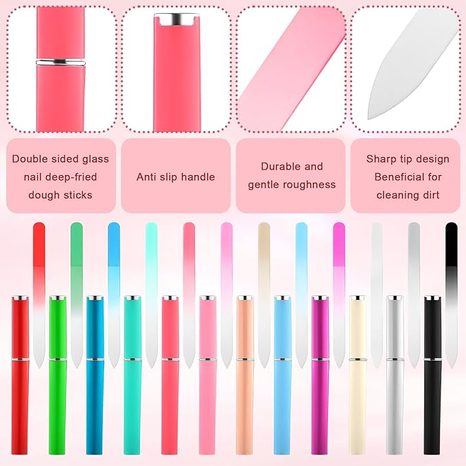 24Pcs Glass Nail File with Case, Double Sided Finger Nail Files Crystal Professional Fingernail Files Set Manicure Women Care for Natural, Pedicure, Artificial, Fake Nails