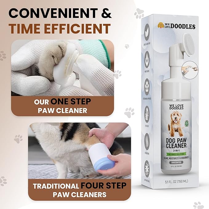 No-Rinse Dog Paw Cleaner with Built-in Silicone Bristle Brush | 3-in-1 Dirty Paw Washer Foaming Foot Cleaner for Muddy Pet Dogs & Cats | Gentle Moisturizing Waterless Shampoo - Unscented | 5 fl oz