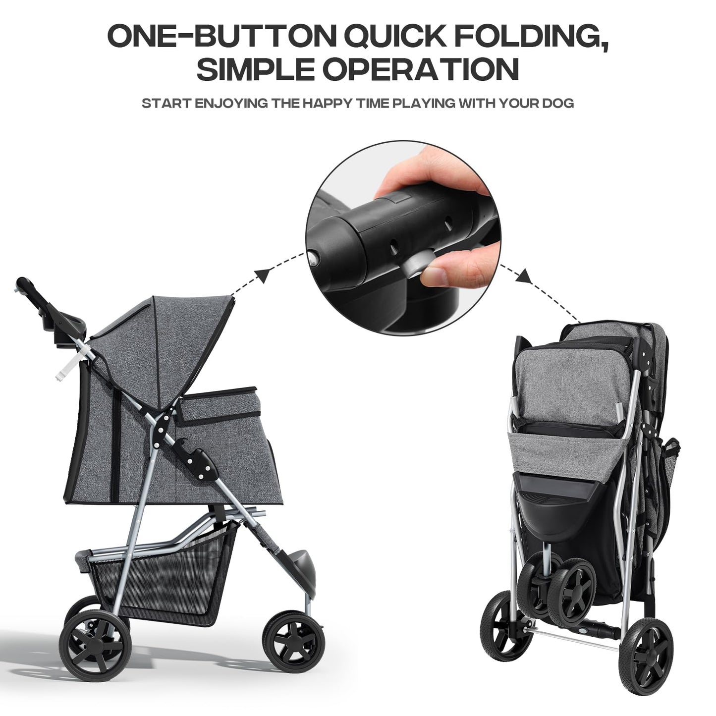 Pet Stroller for Small Dogs 10 lbs, Dog Stroller for Medium Dogs 30 lbs, Cat Strollers for 2 Cats, 3 Wheels Foldable Jogger Puppy Stroller with Storage Basket and Cup Holder, Grey