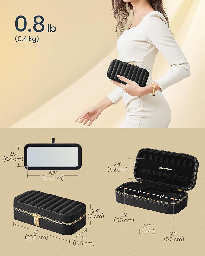 SONGMICS HOME Travel Jewelry Case, Travel Jewelry Box Organizer with Mirror, 4.1 x 8 x 2.4 Inches, Stitching, Portable, Gift Idea, Ink Black UJBC180B01