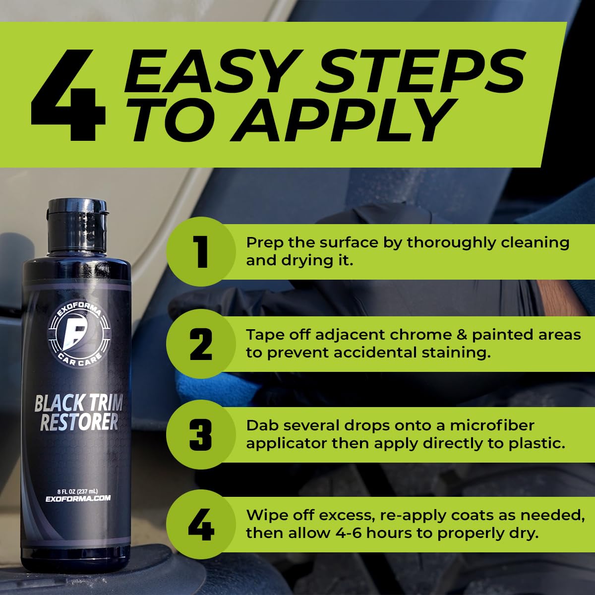 ExoForma Black Trim Restorer - Lasts 6+ Months, Dye Infused Waterproof Plastic Restorer for Cars - Perfect for Faded Bumpers, Trim & Vinyl on Jeeps, Truck Beds, Avalanches & ATVs | 4oz Kit