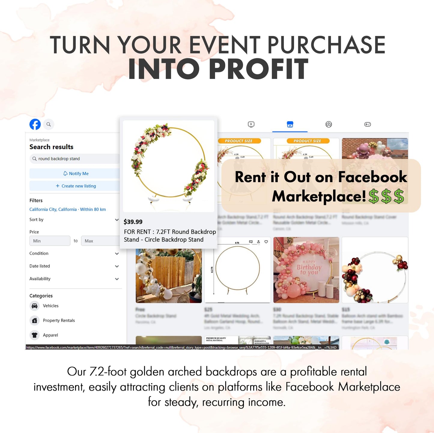 Round Backdrop Stand - Rust Free Iron Made 7.2 Ft Gold Circle Backdrop Stand for Parties, Arch for Balloons - Portable & Easy to Assemble Wedding Arch Frame - Sturdy & Stable, Handles Wind Outdoors
