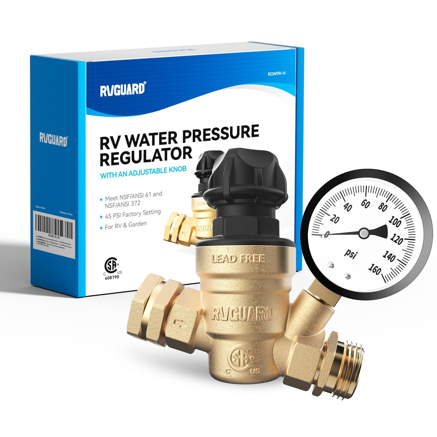 RVGUARD RV Water Pressure Regulator Valve With An Adjustable Knob, Tool-Free, CSA Approved, Lead-Free Brass Water Pressure Reducer with Gauge and Inlet Screen Filter for RV Camper Travel Trailer