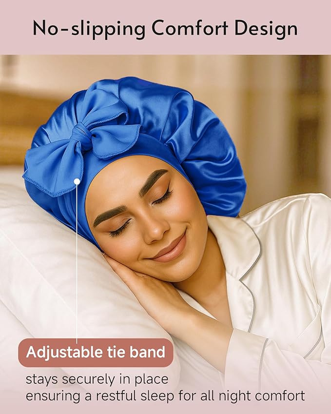 Yanideer 3 pcs Adjustable Satin Bonnets for Sleeping Double Layer Satin Lined Hair Bonnet with Tie Band for Women Curly Hair