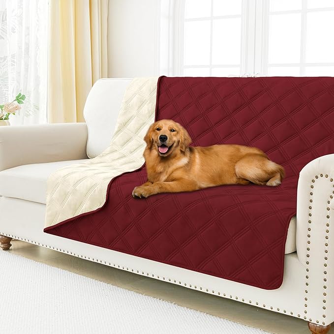 Smiry Waterproof Dog Bed Cover Blanket 52x82, Soft Reversible Pet Blanket, Washable Leakproof Cats Dogs Couch Cover for Sofa, Couch, Furniture, Wine Red/Beige