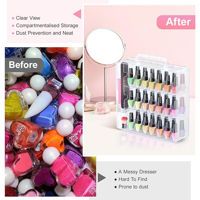 Beloving 2pcs Nail Polish Organizer, Portable 48 Bottles Clear Nail Polish Holder with Adjustable Divider, Gel Nail Polish Storage Double Side Nail Polish Organizer Case for Nail Tech