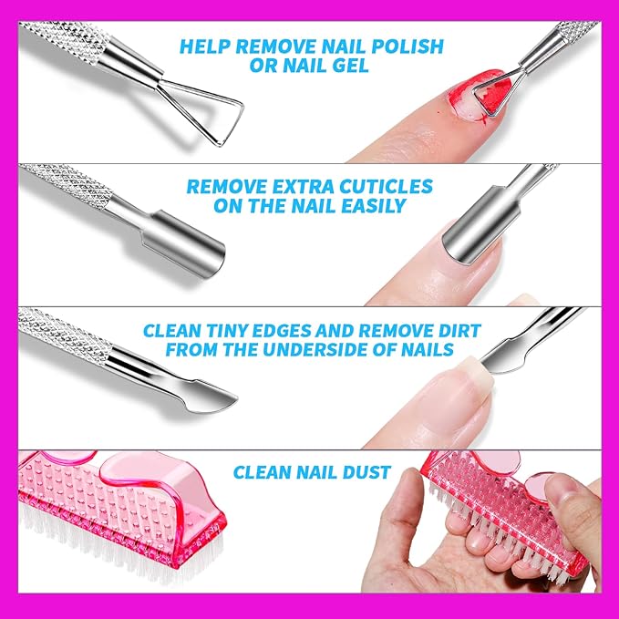 FANDAME Gel Nail Polish Remover Tools Kit, 10 PCS Nail Polish Remover Clips Rose Red, 100ml Nail Polish Remover Bottle, 500PCS Cotton Pad, Nail Brush, Cuticle Pusher, Nail File, Buffer Block Tools kit