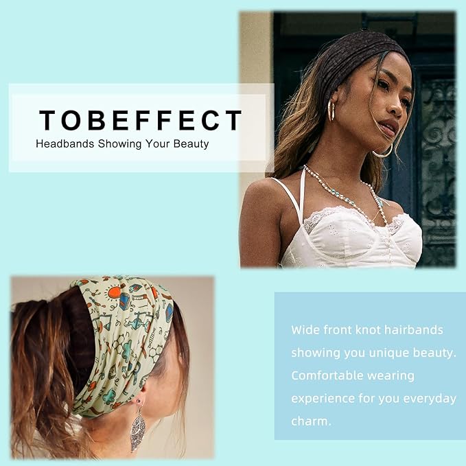 Tobeffect Extra Wide Turban Headbands for Women, 7'' Large Wide Headband for Nursing Cute Printed Nurse Head Bands Twisted Knotted Hairbands Non Slip Cloth Headbands for Women Hair Accessories 6 Pack
