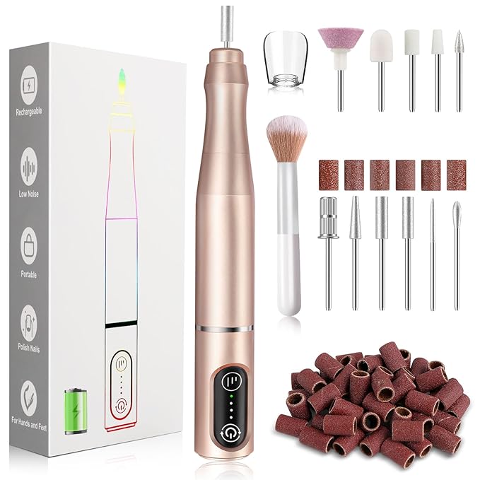 Cordless Nail Drill Electric Rechargeable File Kit, Professional Efile Acrylic Gel Nail Polish Remover Pedicure Manicure Machine Portable Set with 11 Bits 56 Sanding Bands for Salon Home Gold
