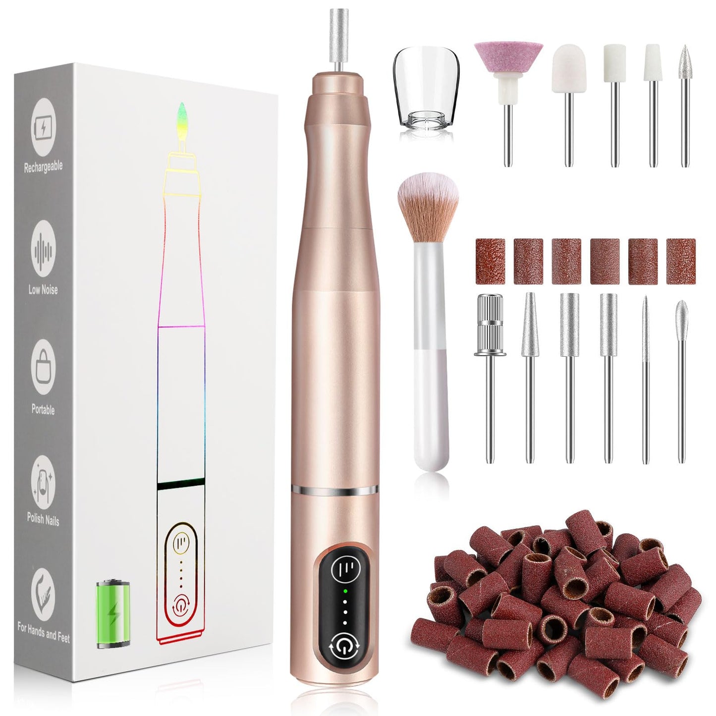 TUOBEO Cordless Nail Drill Electric Rechargeable File Kit, Professional Efile Acrylic Gel Nail Polish Remover Pedicure Manicure Machine Portable Set with 11 Bits 56 Sanding Bands for Salon Home Gold
