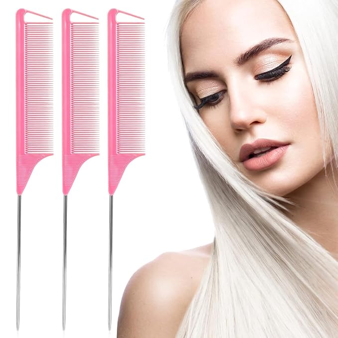 Rat Tail Comb Hair Clips Set: 3Pcs Rat Tail Combs, Hair Styling Combs for Women and 7 Professional Sectioning Hair Clips (Pink)