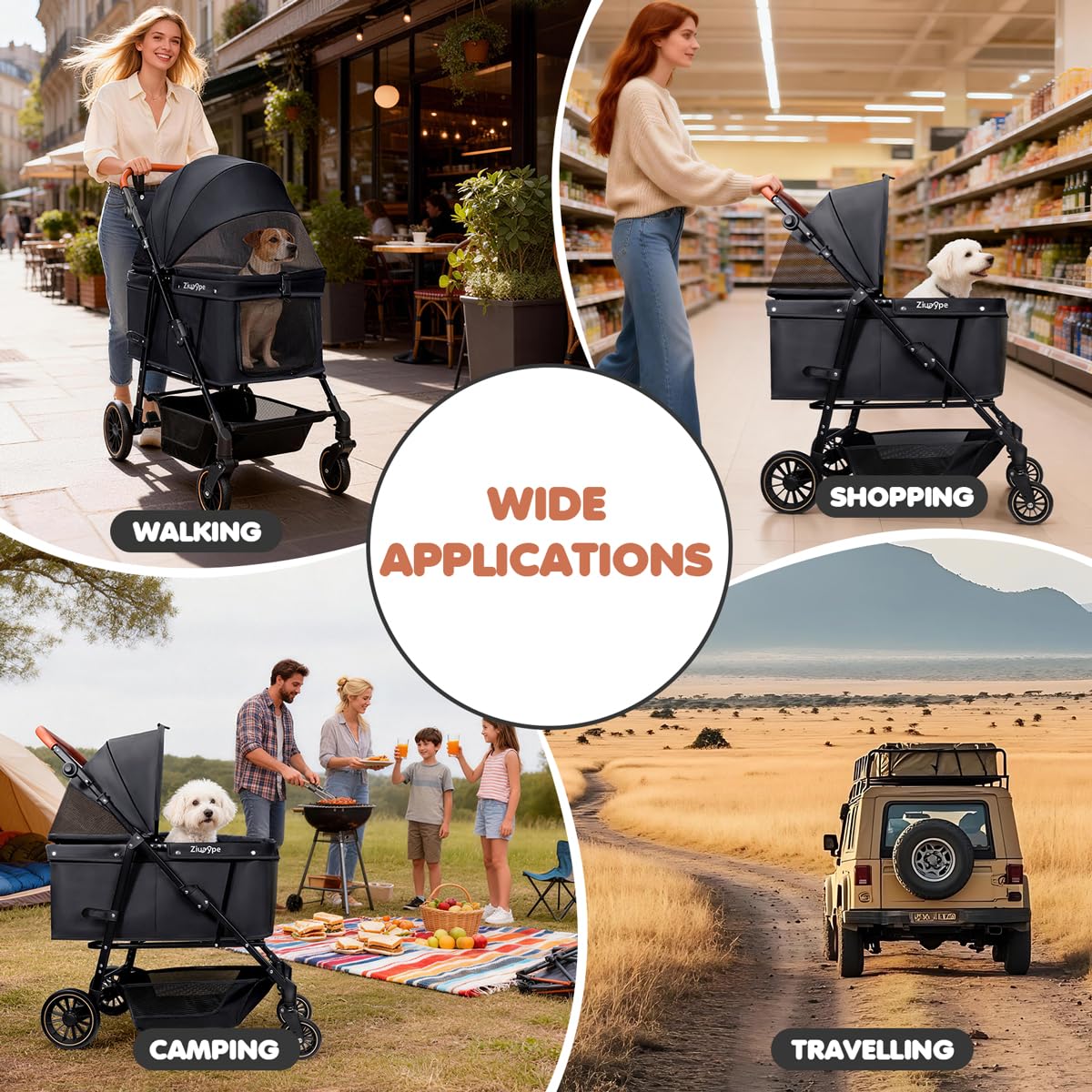 Dog Stroller for Large & Medium Dogs (20–132 lbs), Pet Stroller for 2 Small Dogs, Cat Strollers for 2 Cats, Extra Large Heavy Duty, Foldable & Fully Ventilated Design, Black