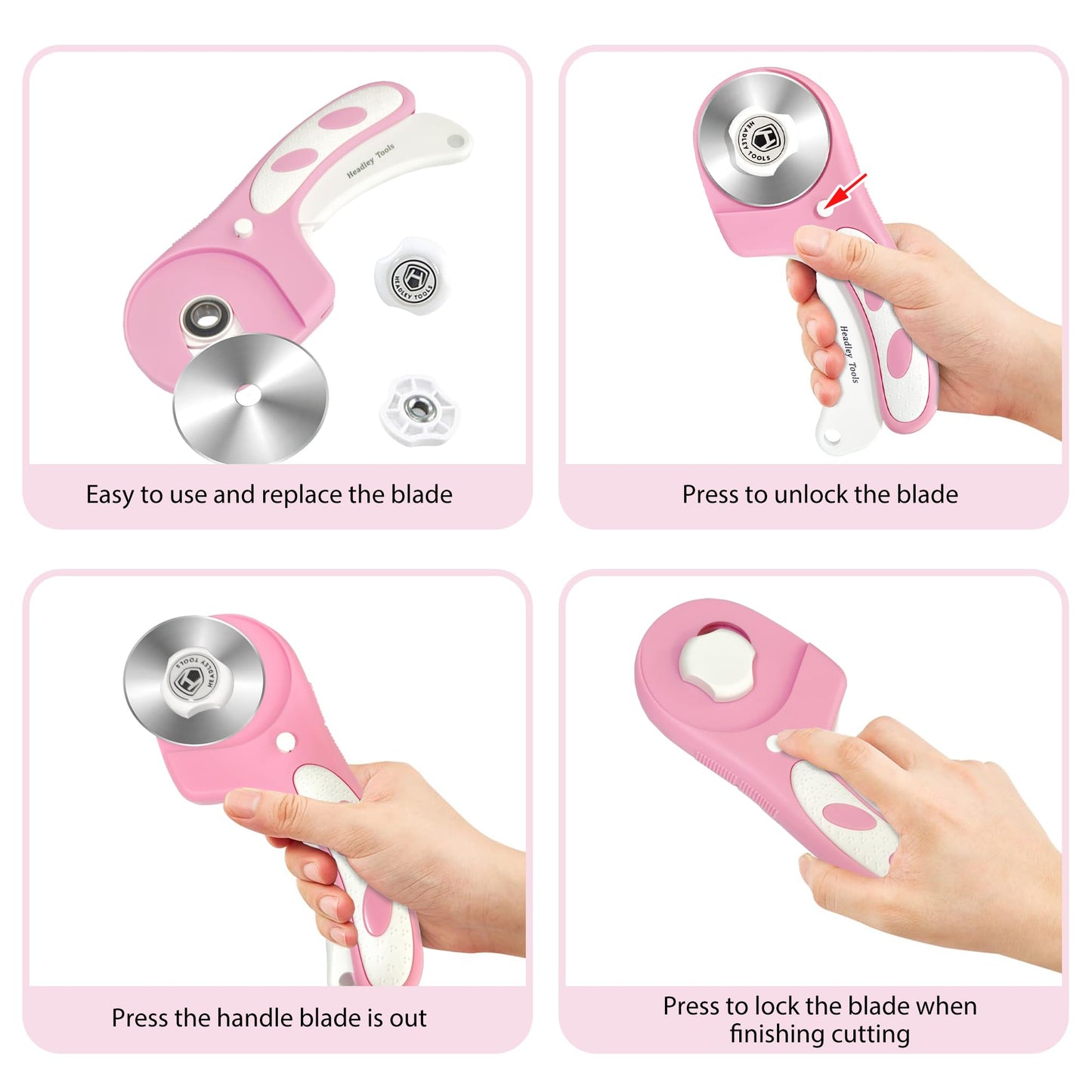 Headley Tools Rotary Cutter 60mm Upgraded with Bearing Design for Smoother and deeper cutting, Ergonomic Handle Rolling Cutter with Safety Lock for Fabric, Fabric, Leather, Crafting, Sewing, Pink