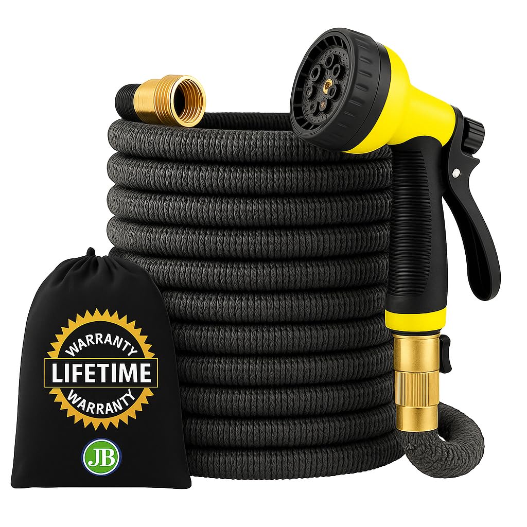 J&B XpandaHose 75ft Expandable Garden Hose â Ultra-Strong 3750D, 4-Layer Latex Core, Brass 3/4" Connectors, 10-Pattern Nozzle & Storage Bag â Lightweight, Kink-Reducing, Leak-Resistant