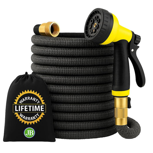 J&B XpandaHose 75ft Expandable Garden Hose â Ultra-Strong 3750D, 4-Layer Latex Core, Brass 3/4" Connectors, 10-Pattern Nozzle & Storage Bag â Lightweight, Kink-Reducing, Leak-Resistant