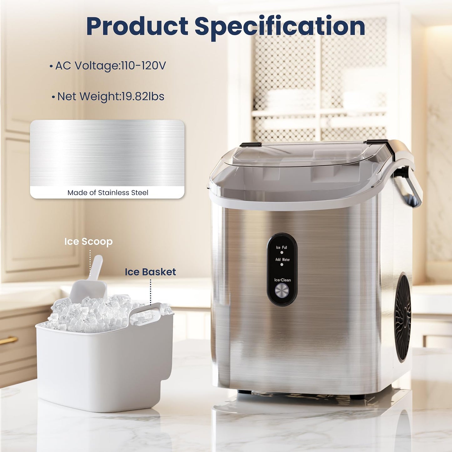 Antarctic Star Nugget Ice Makers Countertop with Auto-Cleaning, 35lbs/Day, Portable Sonic Ice Machine with Handle, Basket and Scoop for Home/Kitchen/Office/Camping(Stainless Steel Silver)