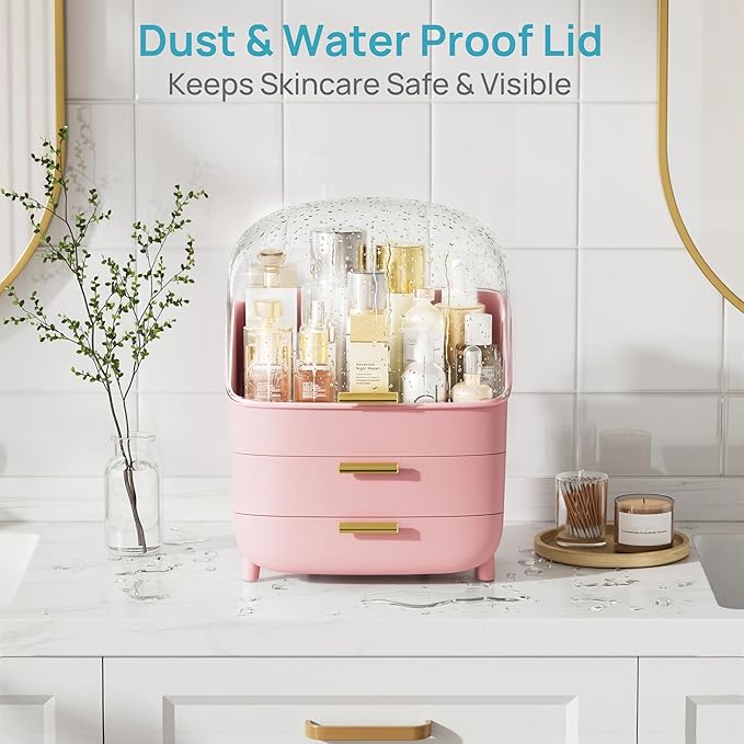Vtopmart 3-Tier Skincare Makeup Organizer with Drawers and Lid for Vanity and Bathroom Countertop, Large Cosmetic Storage Box Case for Dresser, with Non-Slip Base, Pink