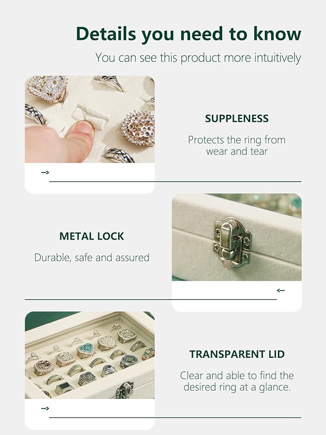 Ring Holder Organizer Box,Jewelry Ring Display Case, Earring Necklace Storage Tray With Top Glass Lid (Beige, 30 Slots Ring)