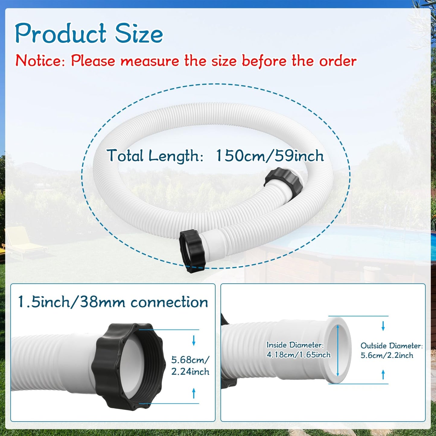 eBoot 2 Pcs 29060e Above Ground Pool Hoses 1.5" Diameter 59" Long Swimming Pool Pump Hose Replacement for Filter Pump, Saltwater System, Sand Filters Accessories(White)
