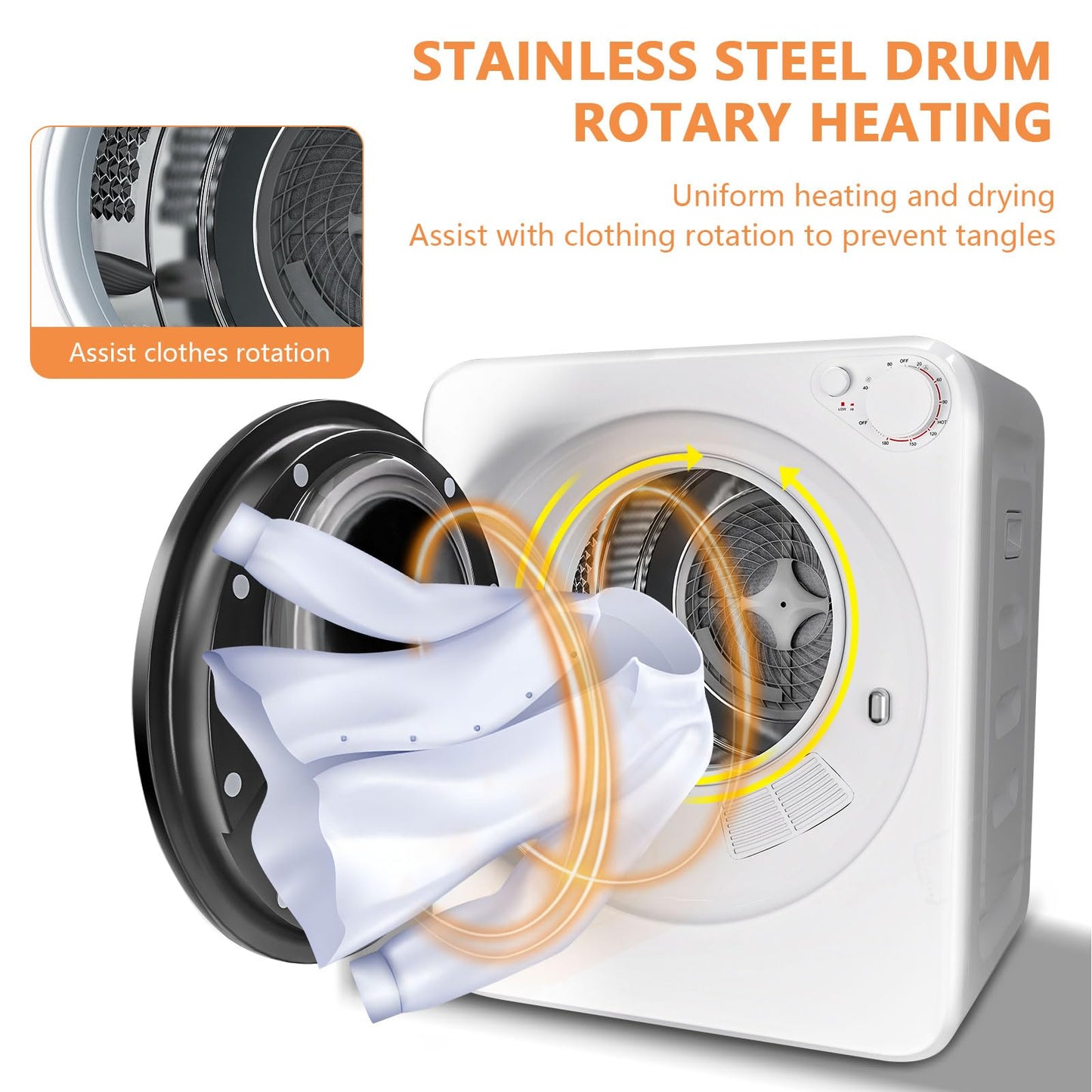 DOGHLY 120V Portable Electric Clothes Dryer, 800W Compact Laundry Dryer, Easy Control, 1.8 Cu.Ft Front Load Stainless Steel Electric Dryers Machine with Simple Control Knob for Apartment, RV, Dorm