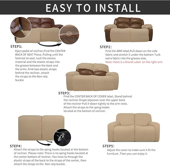 Easy-Going 6 Pieces Recliner Loveseat Stretch Sofa Slipcover Sofa Cover Furniture Protector Couch Soft with Elastic Bottom Kids, Spandex Jacquard Fabric Small Checks Sand