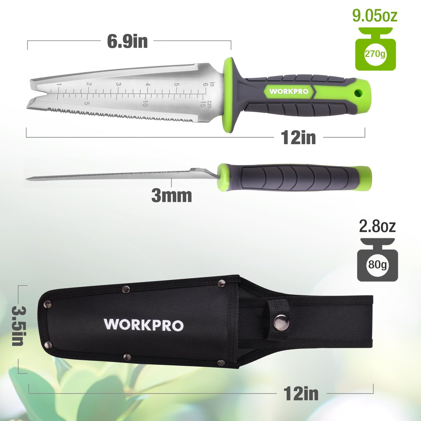 WORKPRO Hori Hori Garden Knife, 7" Stainless Steel Blade with Cutting Edge, Garden Tools with Oxford Sheath, Ergonomic TRP Handle with Hanging Hole for Weeding, Planting, Digging