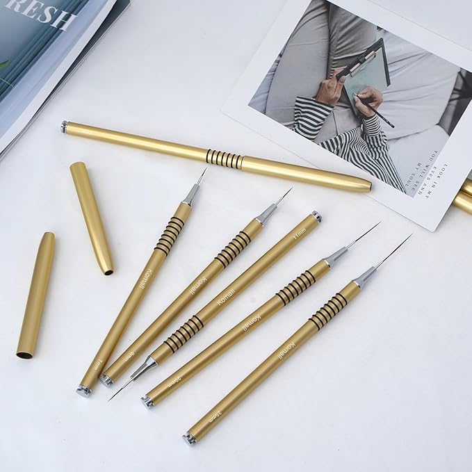 Metallic Nail Art Brushes, 6Pcs Non Slip Liner Brush Set, UV Gel Polish Painting Art Design Pen for Long Lines, Thin Details, Fine Drawing Sizes 5/7/9/11/20/25mm(Gold)