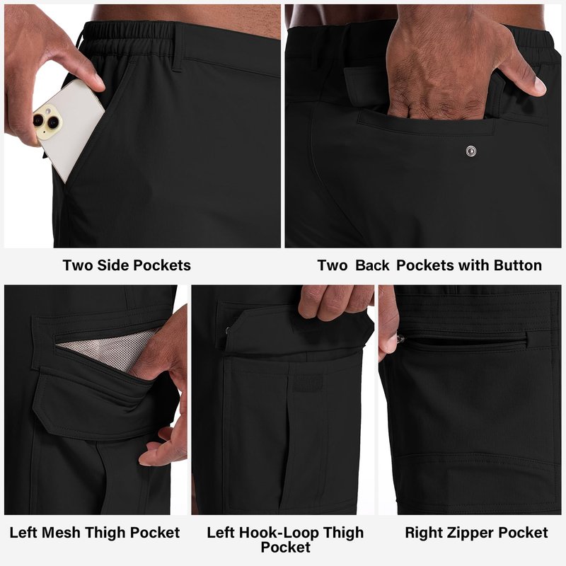Jessie Kidden Mens Outdoor Casual Elastic Waist Lightweight Water Resistant Quick Dry Fishing Hiking Shorts #6222-Black,36