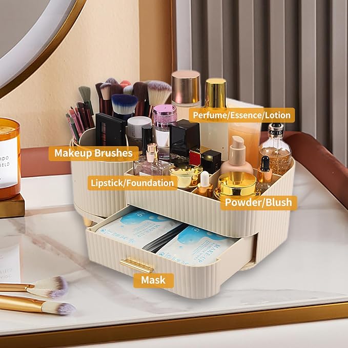 Makeup Organizer Countertop with Drawer 360 Rotating Brush Holder Storage Large Capacity Skincare Cosmetic Display Cases for Vanity Bathroom Desktop, Model 3016 Cream