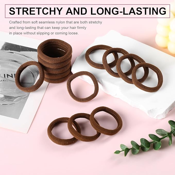LuSeren 120 Pcs No Damage Hair Ties for Thick Hair, Large Soft Seamless Nylon Hair Elastics for Women, Ponytail Holders, Hair Accessories Ã¢ÂÂ brown