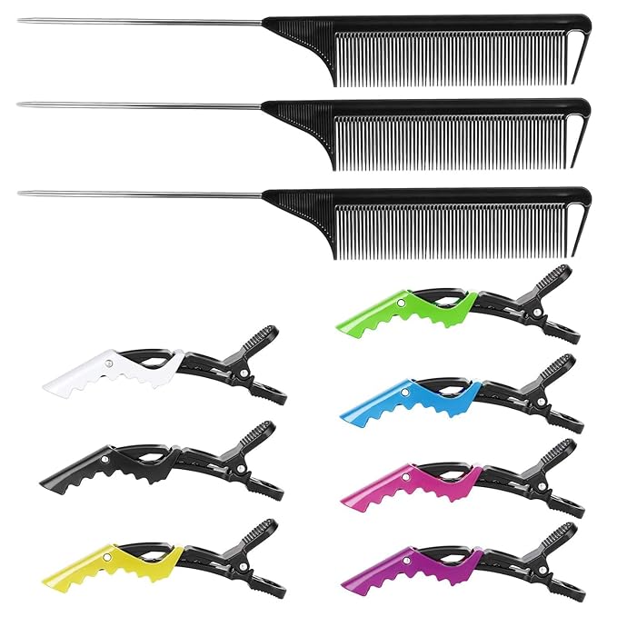 Rat Tail Comb Hair Clips Set: 3Pcs Rat Tail Combs, Hair Styling Combs for Women and 7 Professional Sectioning Hair Clips (Black)