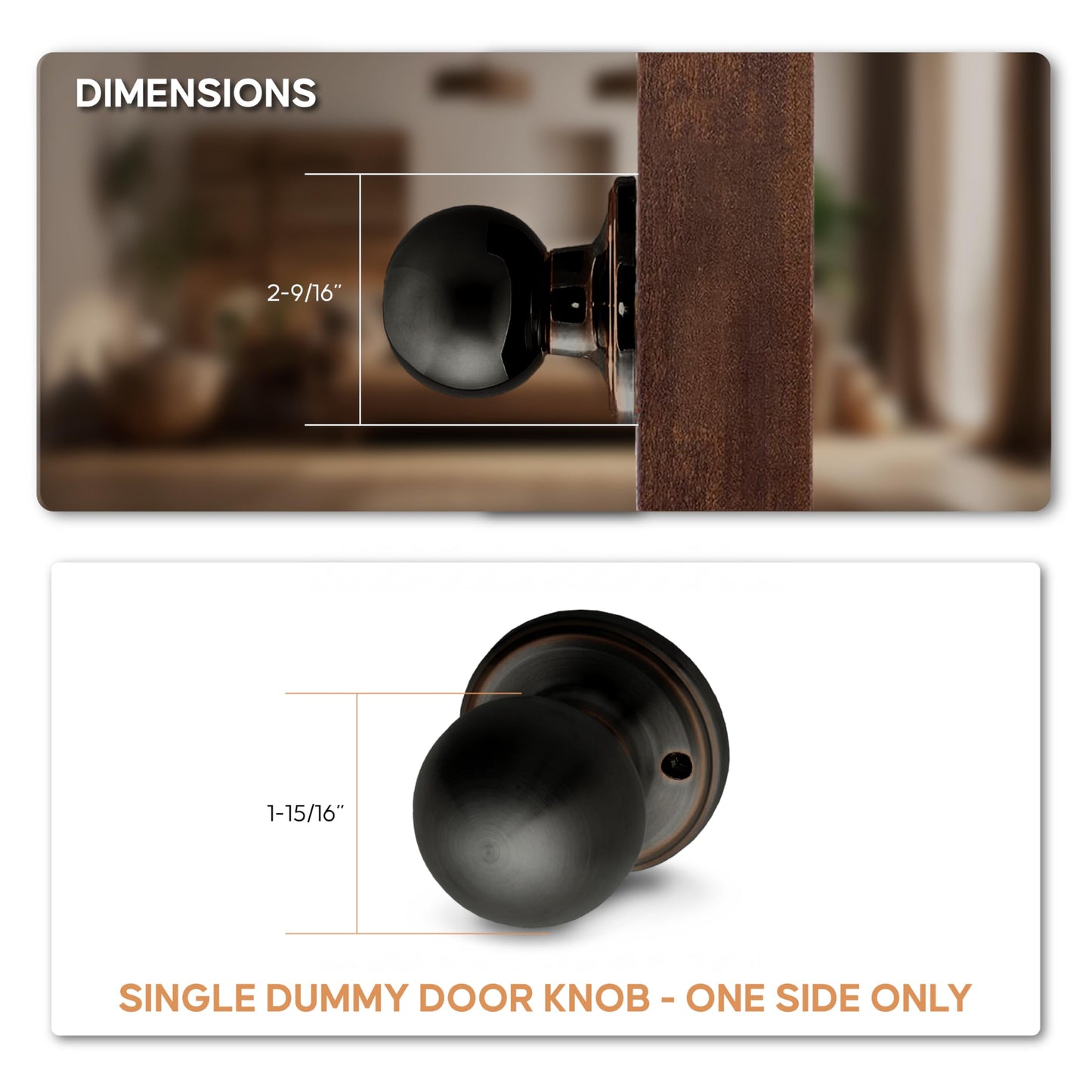 Copper Creek Dummy Interior Door Knob – ANSI Grade-3 Certified, Modern Heavy Duty Handle, Easy Install and Reversible for French Doors & Closets, Non Turning – Tuscan Bronze (1 Pack)