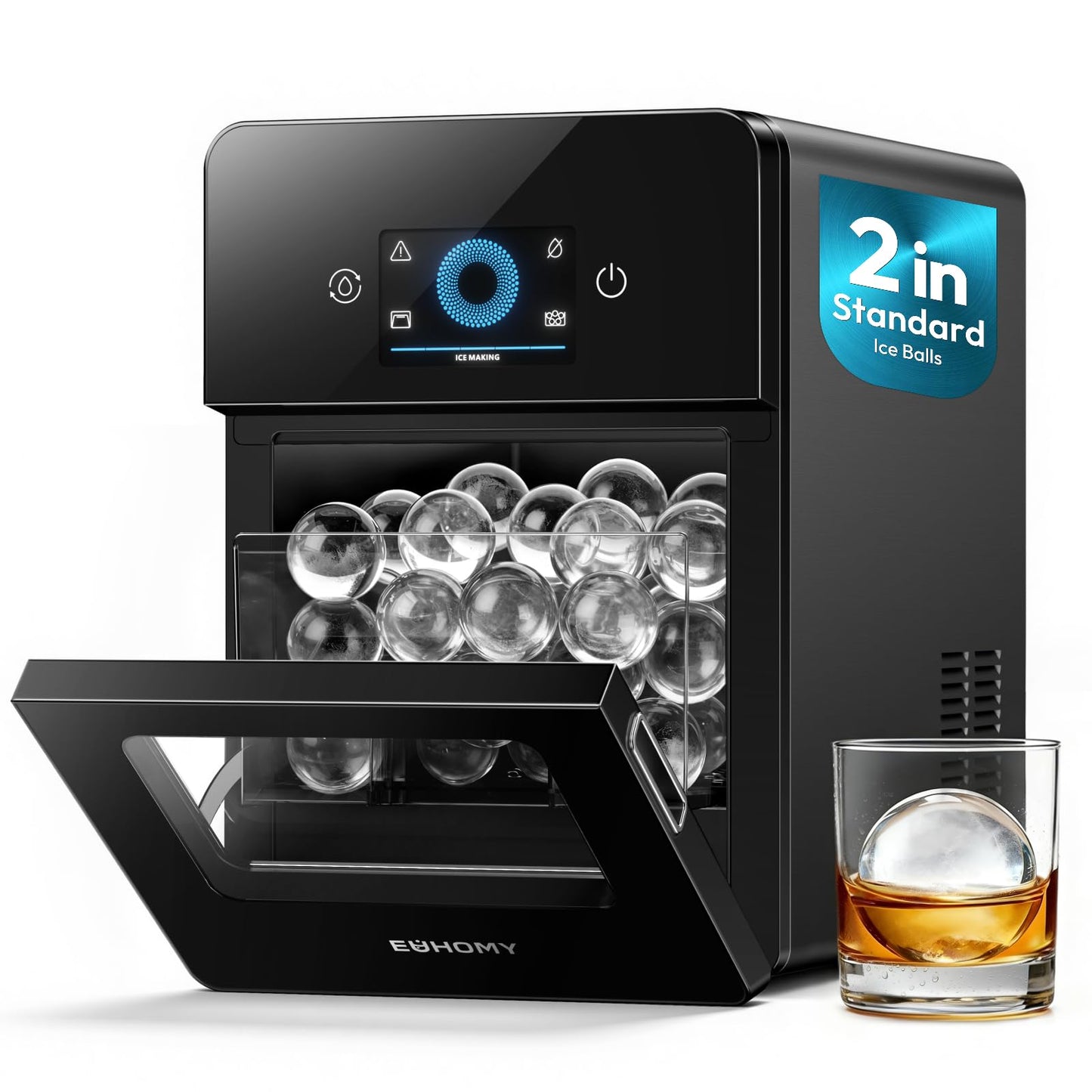 EUHOMY 2" Ice Ball Maker Countertop, 4Pcs Ready in 40Mins, 144Pcs/day, Self-Cleaning Sphere Ice Maker Machine with Crystal Clear Ice, Round Ice Cube Maker for Whiskey & Bourbon