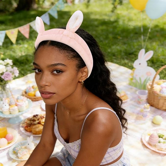 YISSION Cute Bunny Ear Spa Headband and Wristband Set for Women and Girls - Soft Plush Makeup Headband with Wrist Towels for Face Washing, Skincare, Shower, Easter Party Favors (White & Pink)