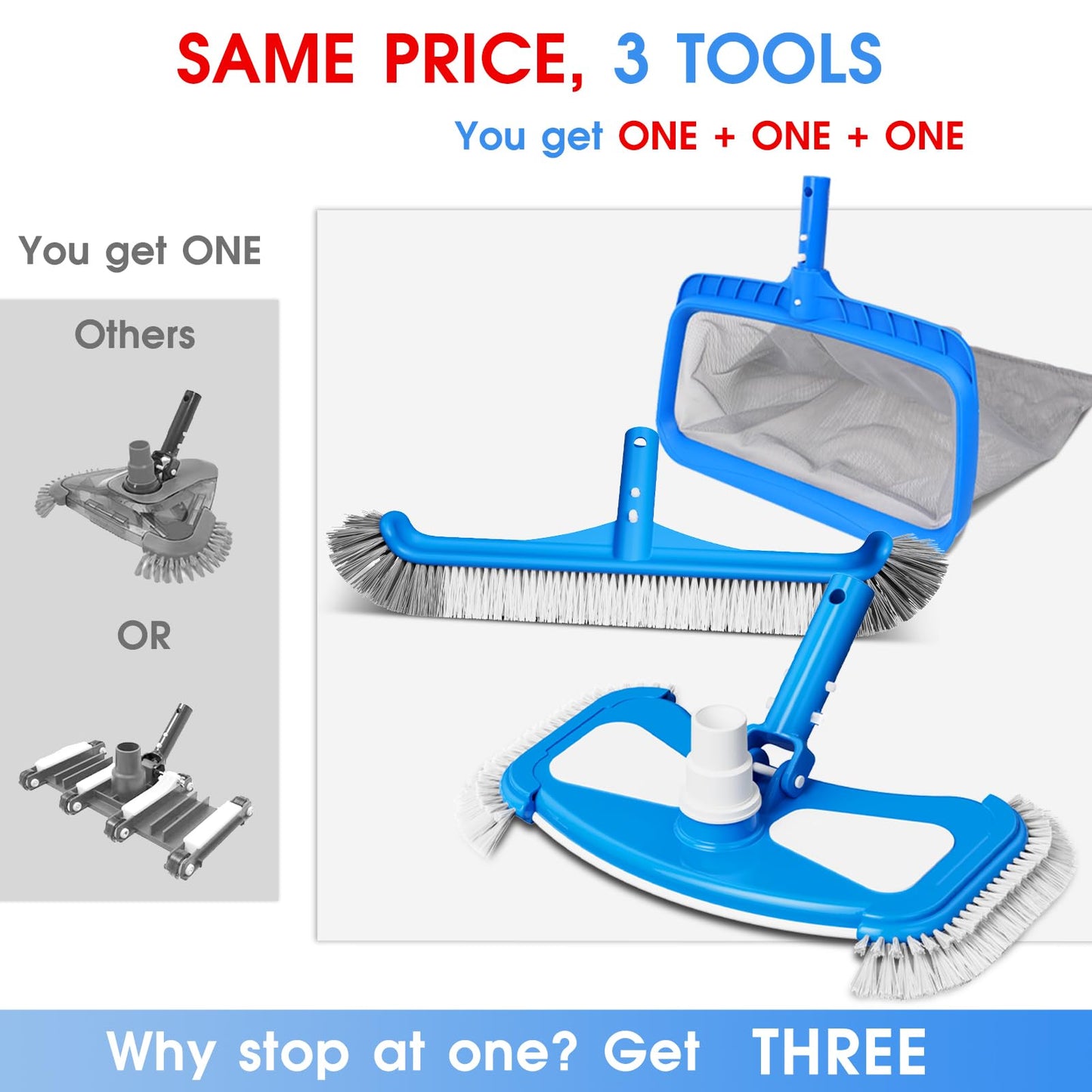 3-in-1 TidyMister Pool Cleaning Kit – Deep Grabber Pool Net, 17.5" Scrub Brush,Weighted Vacuum Head for Leaves, Algae & Debris | Essential Cleaning Set for Above Ground, Inground Pools, Spa, Hot Tub