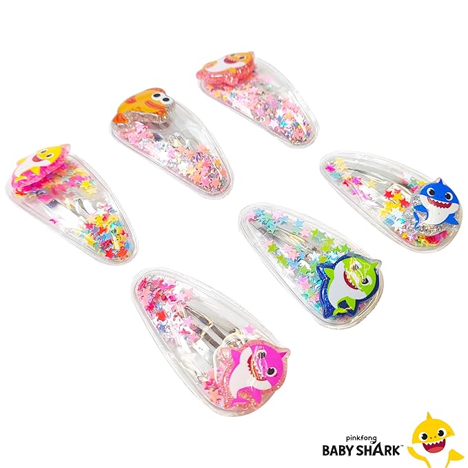 Baby Shark Hair Accessories For Girls, 6pc Cute Hair Clips with Favorite Babyshark Character Charms, Magical Confetti Slaps for Kids, Toddler, Ages 3+