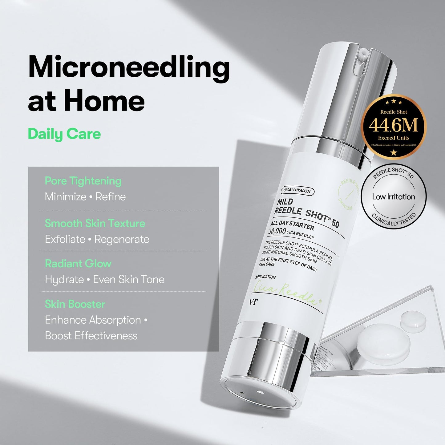 VT COSMETICS CICA Reedle Shot 50, Spicule Microneedling Serum for Pore Care & Exfoliation, Exosome, Centella Asiatica for Glass Skin, Smooth Texture, Korean Liquid Skin Booster (1.69 Fl Oz / 50ml)