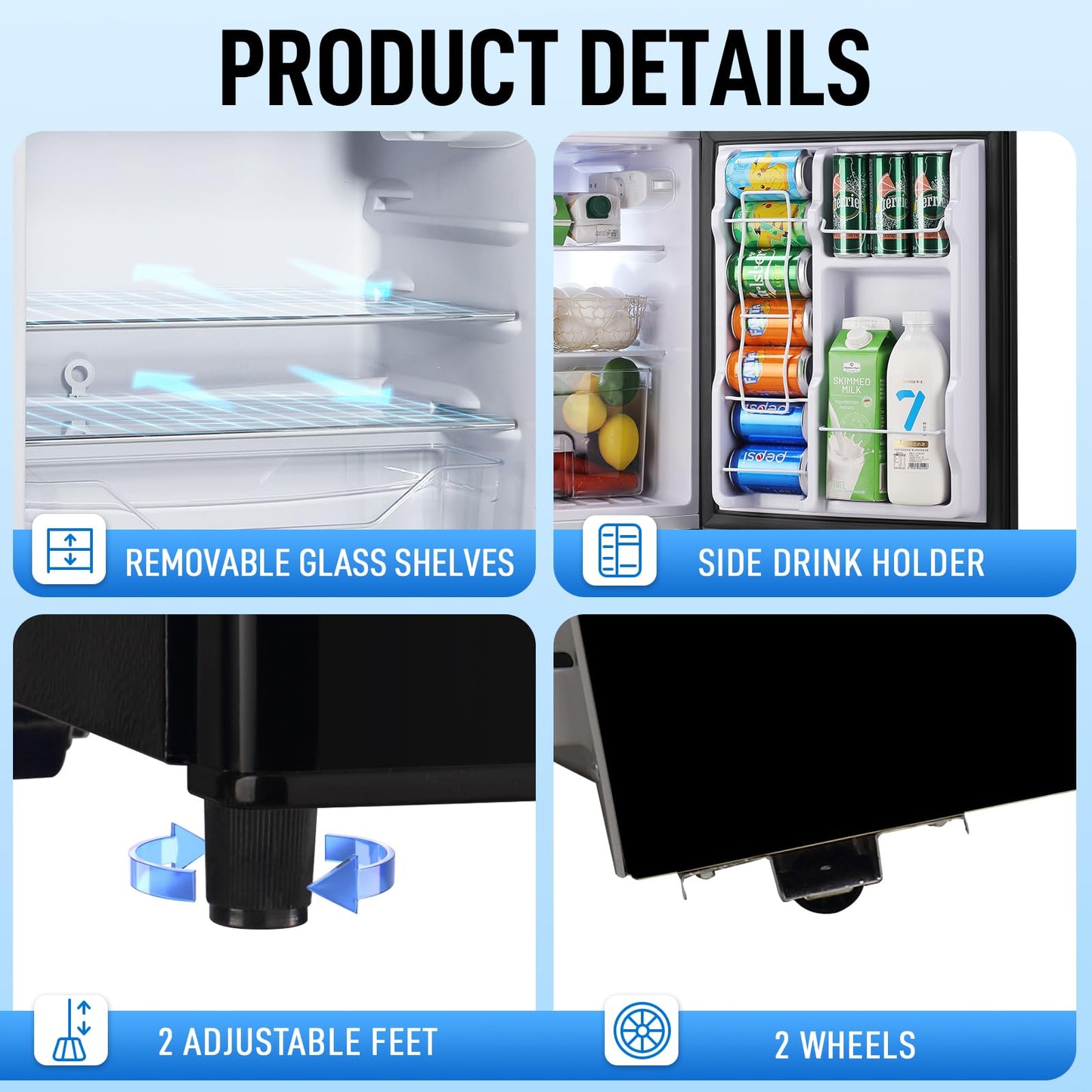 WANAI 3.5 CU.FT 2 Door Mini Fridge with Freezer Freestadning Small Refrigerator Features 7 Gear Mechanical Control, Side Bottle Rack, 2 Glass Removable Shelves, Crisper Drawer Black