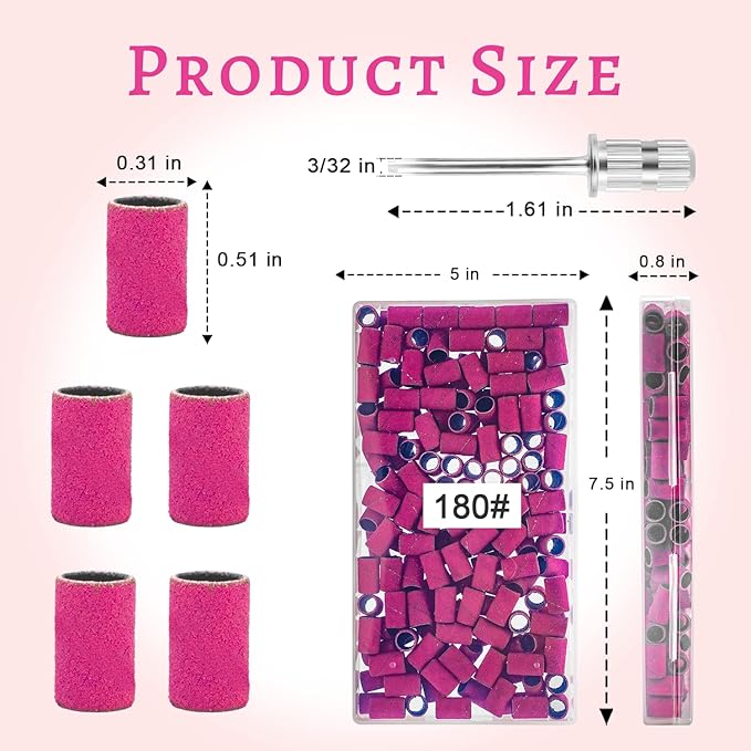 180Grit Nail Sanding Bands for Nail Drill, Pink Sanding Band for Nail Drill Fine Sanding Bands for Nail Drill with 3/32Ã¢ÂÂ Nail Sanding Bit for Natural Nail, 100Pcs Sand Band Set for Manicure & Pedicure