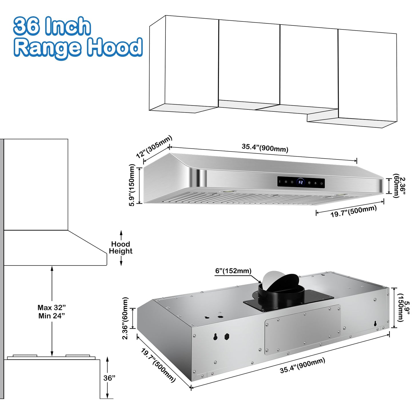 36 inch Under Cabinet Range Hood 1200 CFM with 4-Speed Gesture Sensing & Touch Control, Stainless Steel Kitchen Stove Vent Hoods with 2 LED Lights, Time Setting, Dishwasher-Safe Baffle Filters