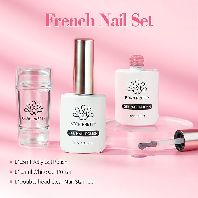 Born Pretty French Manicure Kit, Nail Stamper and 2Pcs Gel Nail Polish, Include Jelly Sheer Pink White Colors for French Tip, U V Light Cure