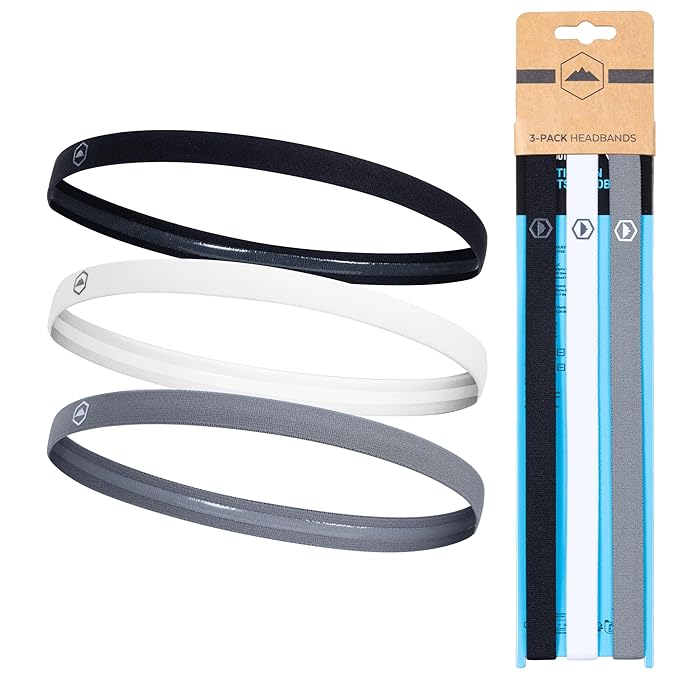 Tough Headwear Thin Elastic, Sports for Women & Men, Workout, Running, Soccer and Mens Headband - 3-Pack | Black, Gray and White