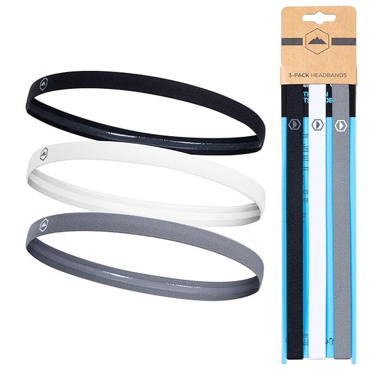 Tough Headwear Thin Elastic, Sports for Women & Men, Workout, Running, Soccer and Mens Headband - 3-Pack | Black, Gray and White