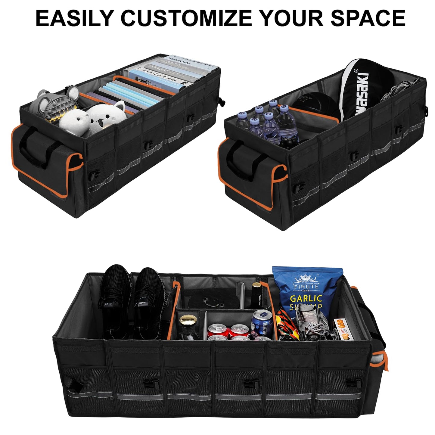 Car Trunk Organizer and Storage with Lid & Removable Leakproof Cooler Bag, Car Accessories 6 Removable Dividers for Custom Space, Collapsible Large Trunk Organizers Interior for SUV Sendan with Cover