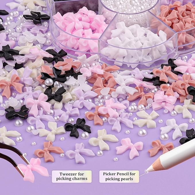 120 Pcs 3D Nail Bow Charms + 2-4mm Nail Pearls Set 1, 6 Colors Cute Bow Charms and White Flatback Pearls with Nail Charm Glue Gel(UV Needed) and Pickup Tools for Nail Art Decoration