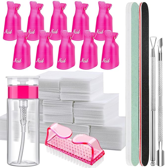FANDAME Gel Nail Polish Remover Tools Kit, 10 PCS Nail Polish Remover Clips Rose Red, 100ml Nail Polish Remover Bottle, 500PCS Cotton Pad, Nail Brush, Cuticle Pusher, Nail File, Buffer Block Tools kit