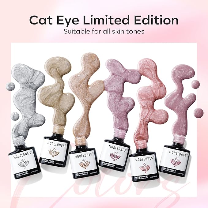 modelones Gel Nail Polish Set, 6 Colors Nude Pink Silver 9D Glassy Cat Eye Glitter Gel Polish Semi-transparent Neutral Brown Nail Polish Soapnails with Magnet Soak Off Led Nail Art DIY Gift